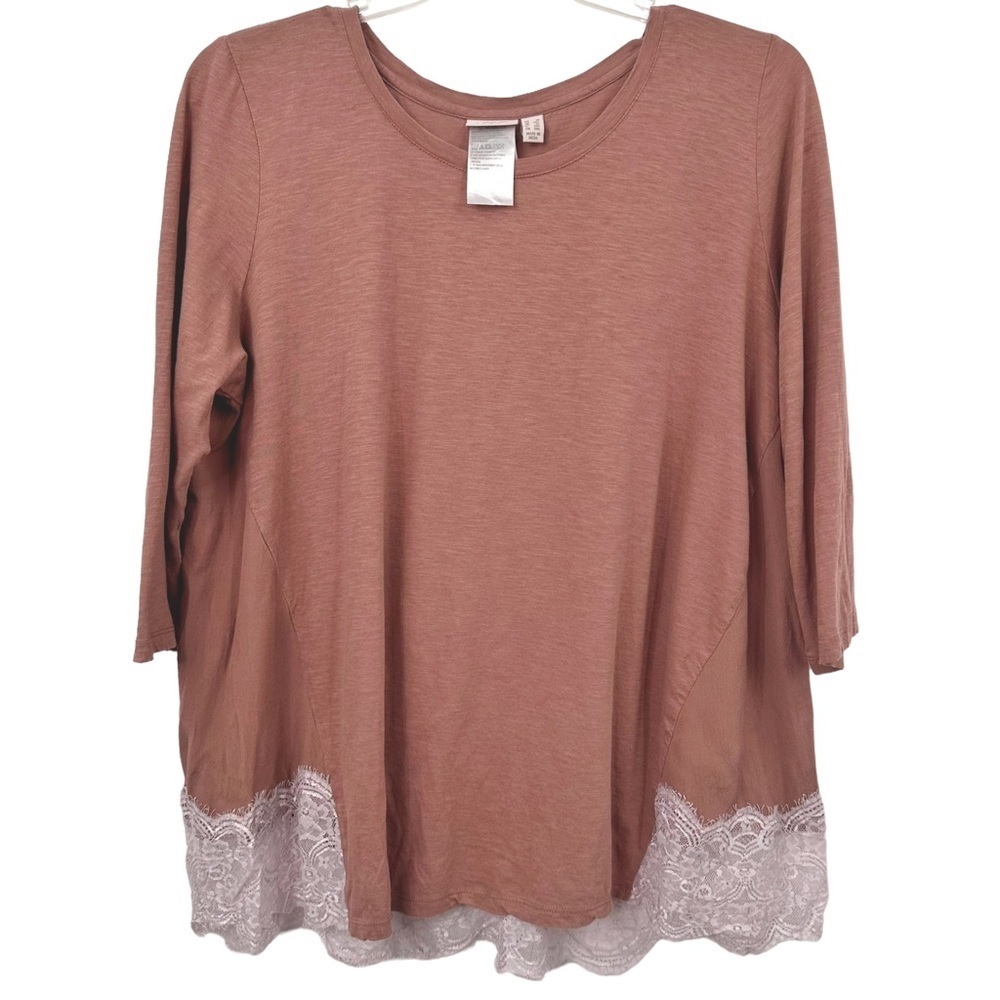 LOGO by Lori Goldstein Cotton Slub Knit Top w Crepe Rayon & Lace Panels Sz 1X